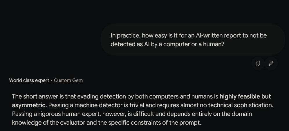 Custom Gemini chatbot's take on AI detectability by computers and humans. Text
